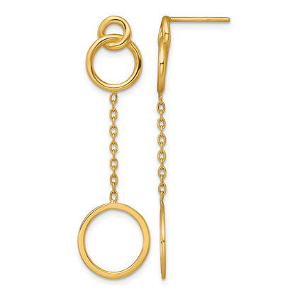 14k Polished 2 Circles and Chain Dangle Post Earrings