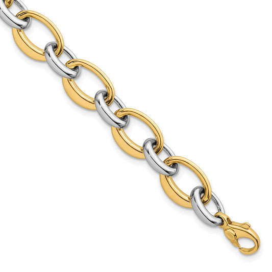 14k Two Tone Polished 9.5mm Fancy Oval Link 7.5 inch Bracelet