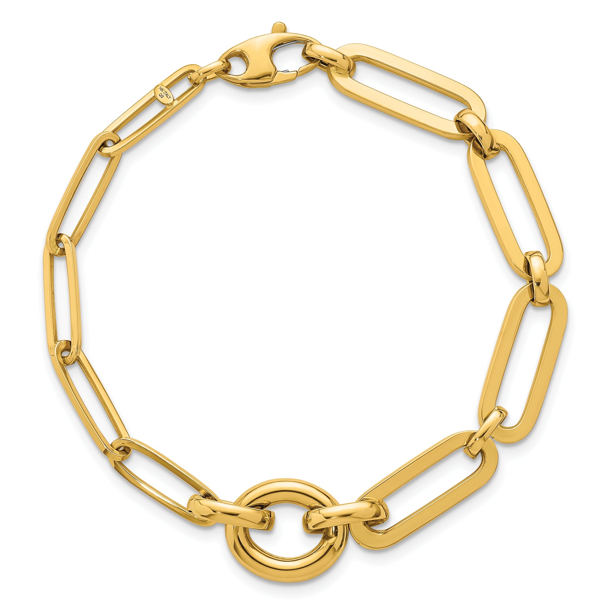 14k Polished Fancy Paperclip Link with Circle 7.25 inch Bracelet