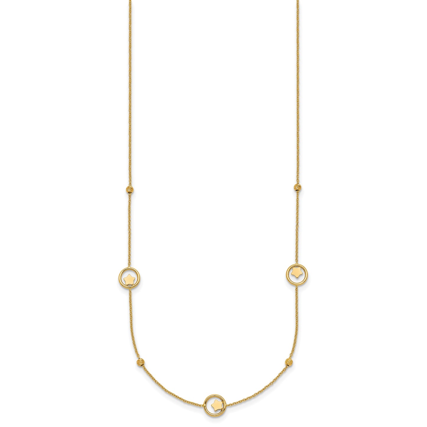 14k Polished Stars in Circle with Diamond-cut Beads 7-Station 16.75 inch Necklace