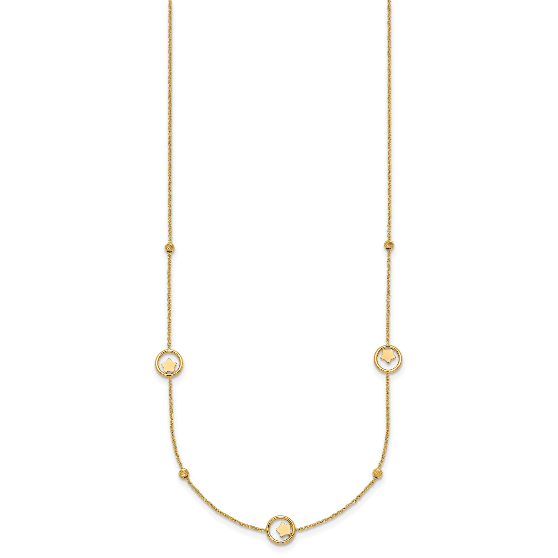 14k Polished Stars in Circle with Diamond-cut Beads 7-Station 16.75 inch Necklace