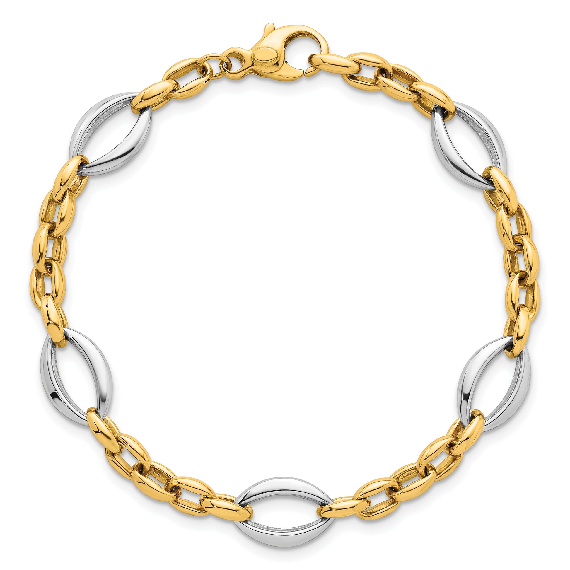 14k Two Tone Polished Oval and Cable Chain 7.25 inch Bracelet