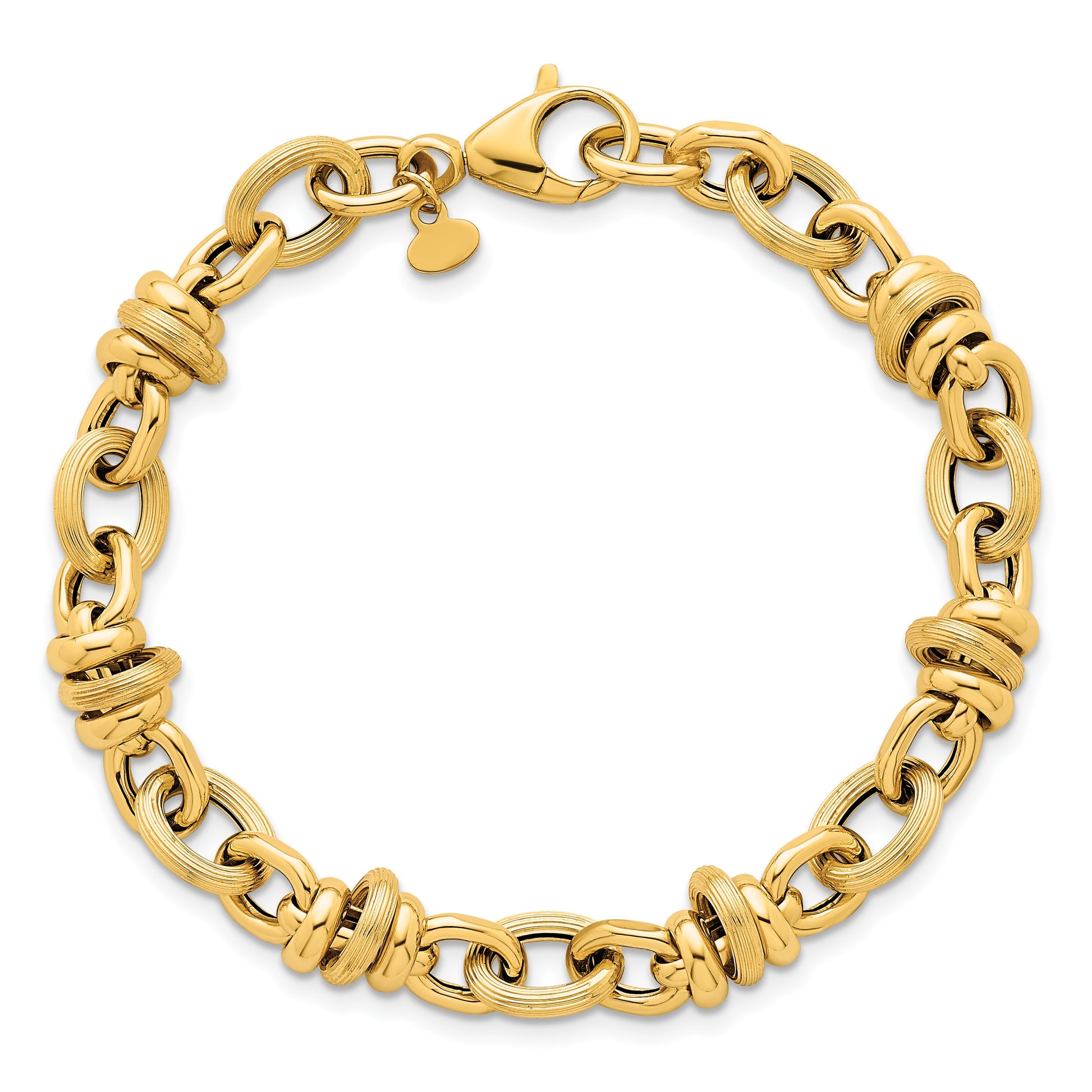 14k Polished and Textured Round and Oval Fancy Chain 7.5 inch Bracelet