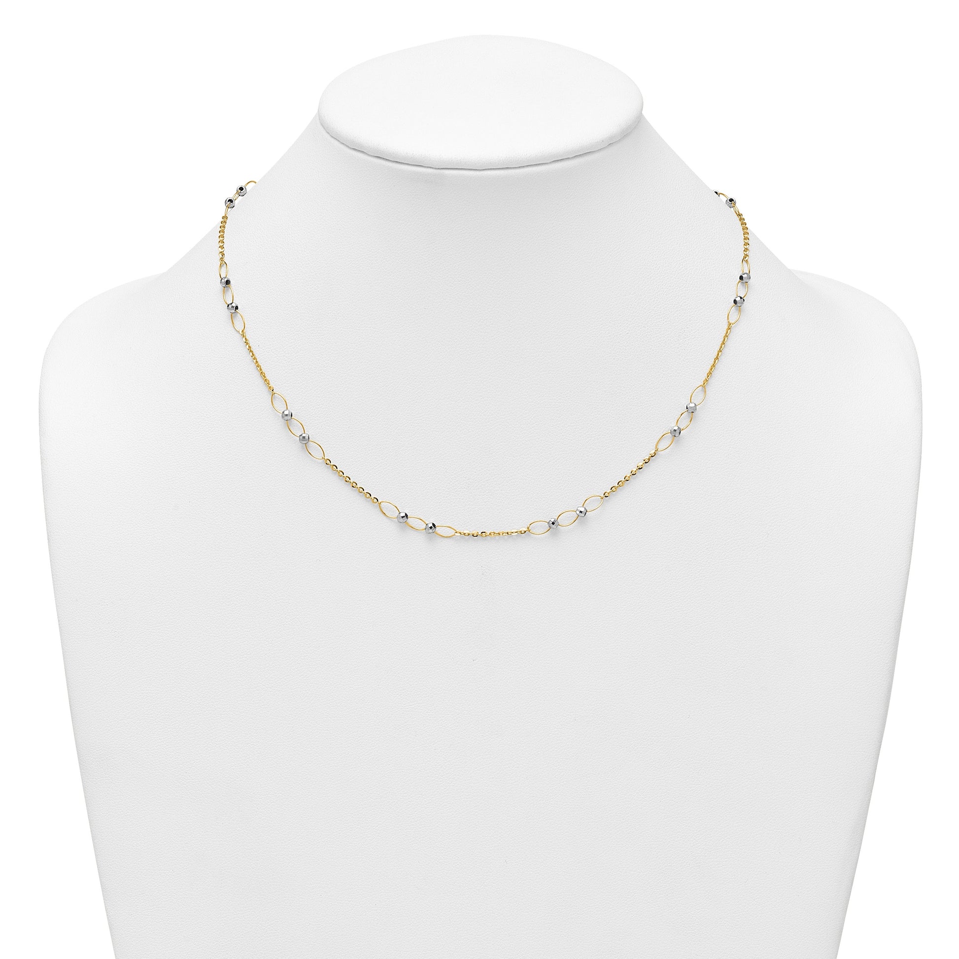 14k Two-tone Polished Oval Links and Faceted Beads 18 inch Necklace