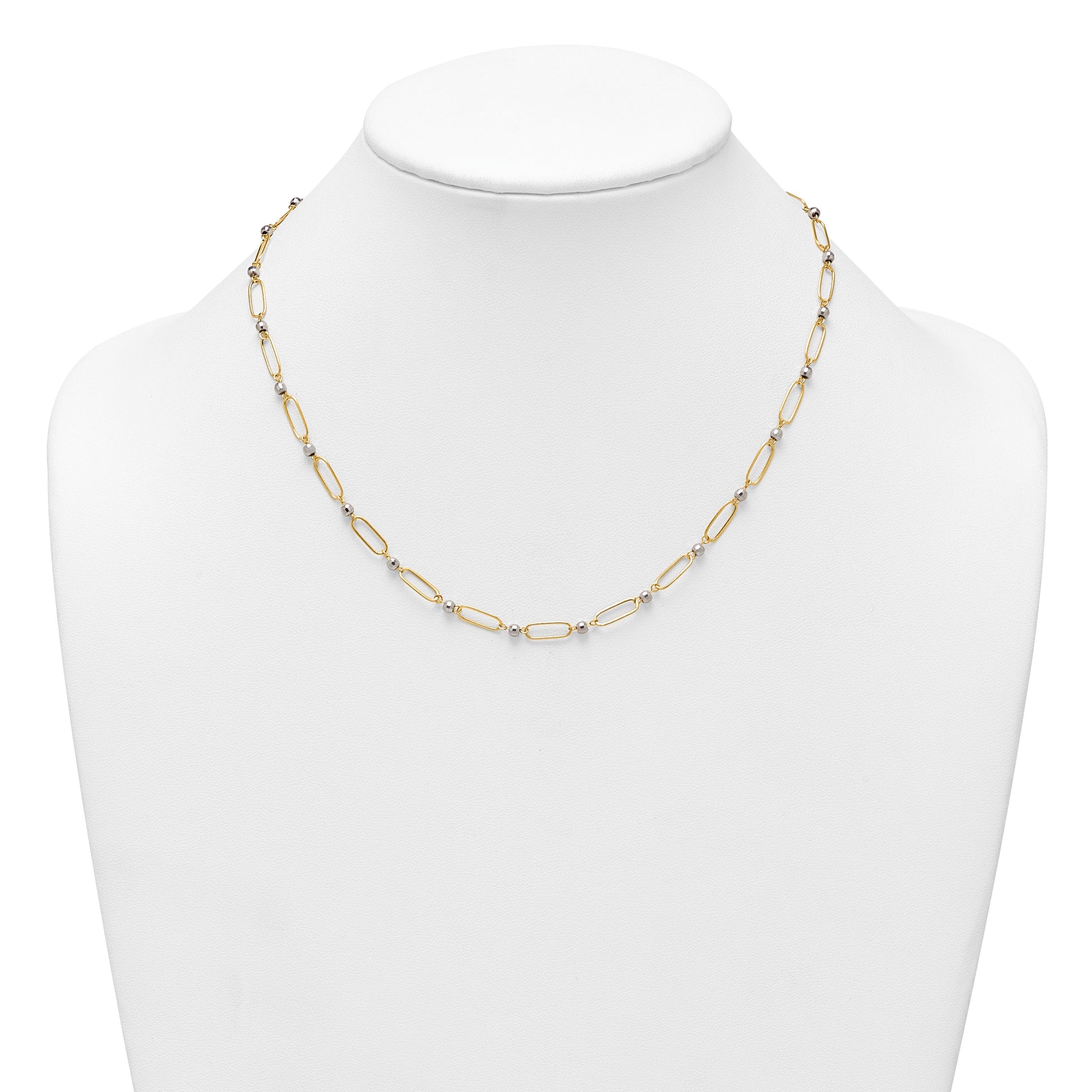 14k Two-tone Polished Paperclip Links and Faceted Beads 18 inch Necklace