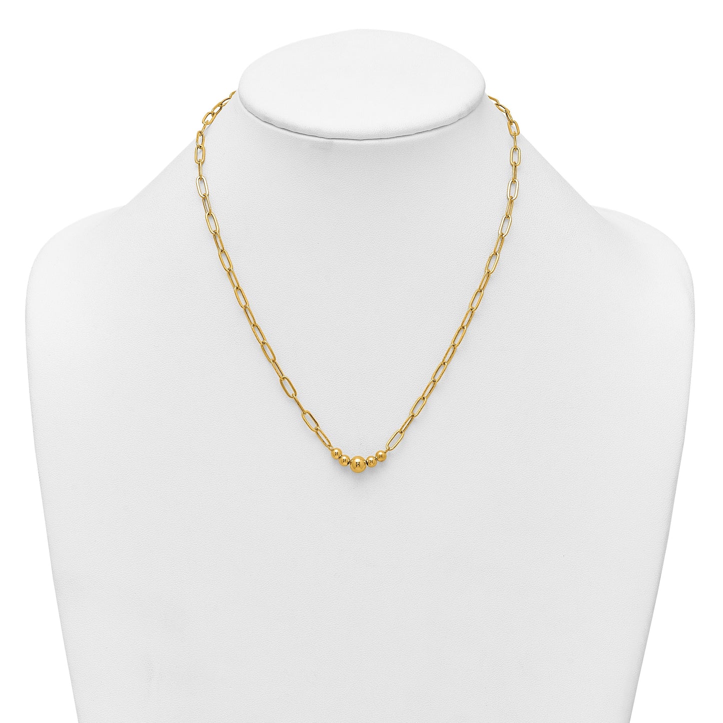 14K Polished Graduated Beads 18 inch Paperclip Link Necklace