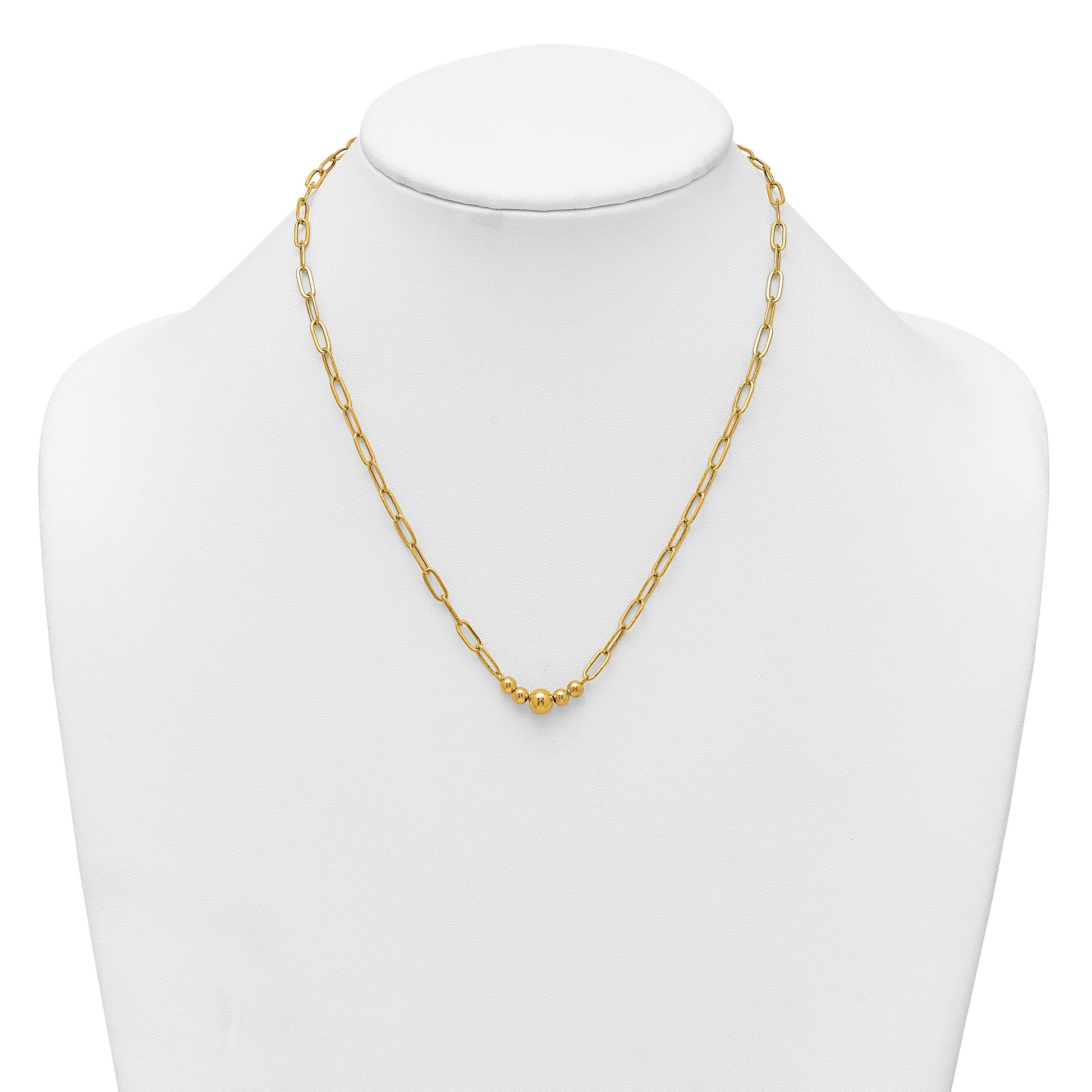 14K Polished Graduated Beads 18 inch Paperclip Link Necklace