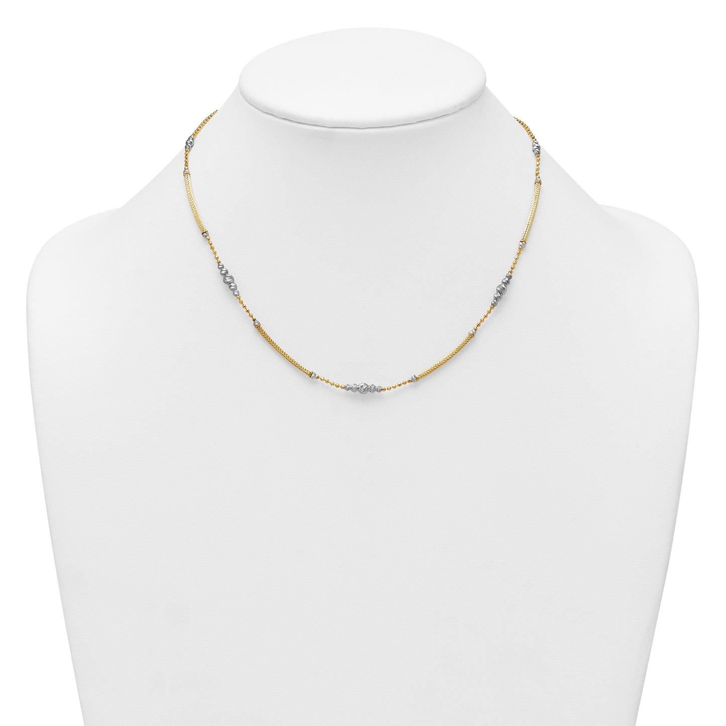 14k Two-Tone Woven Bars and Diamond-cut Beads 16.75 inch Necklace