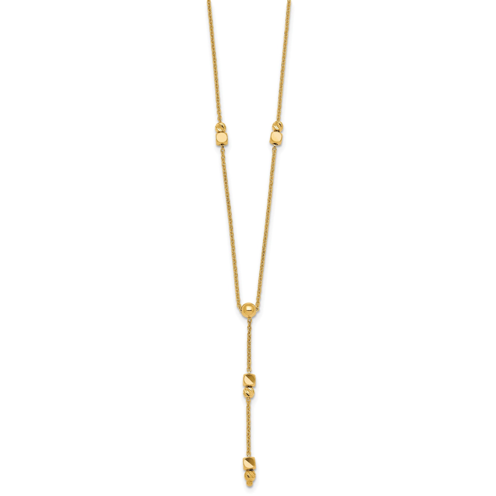 14K Polished Diamond-cut and Beaded 16 Inch Lariat Necklace Plus 2 Inch Extender
