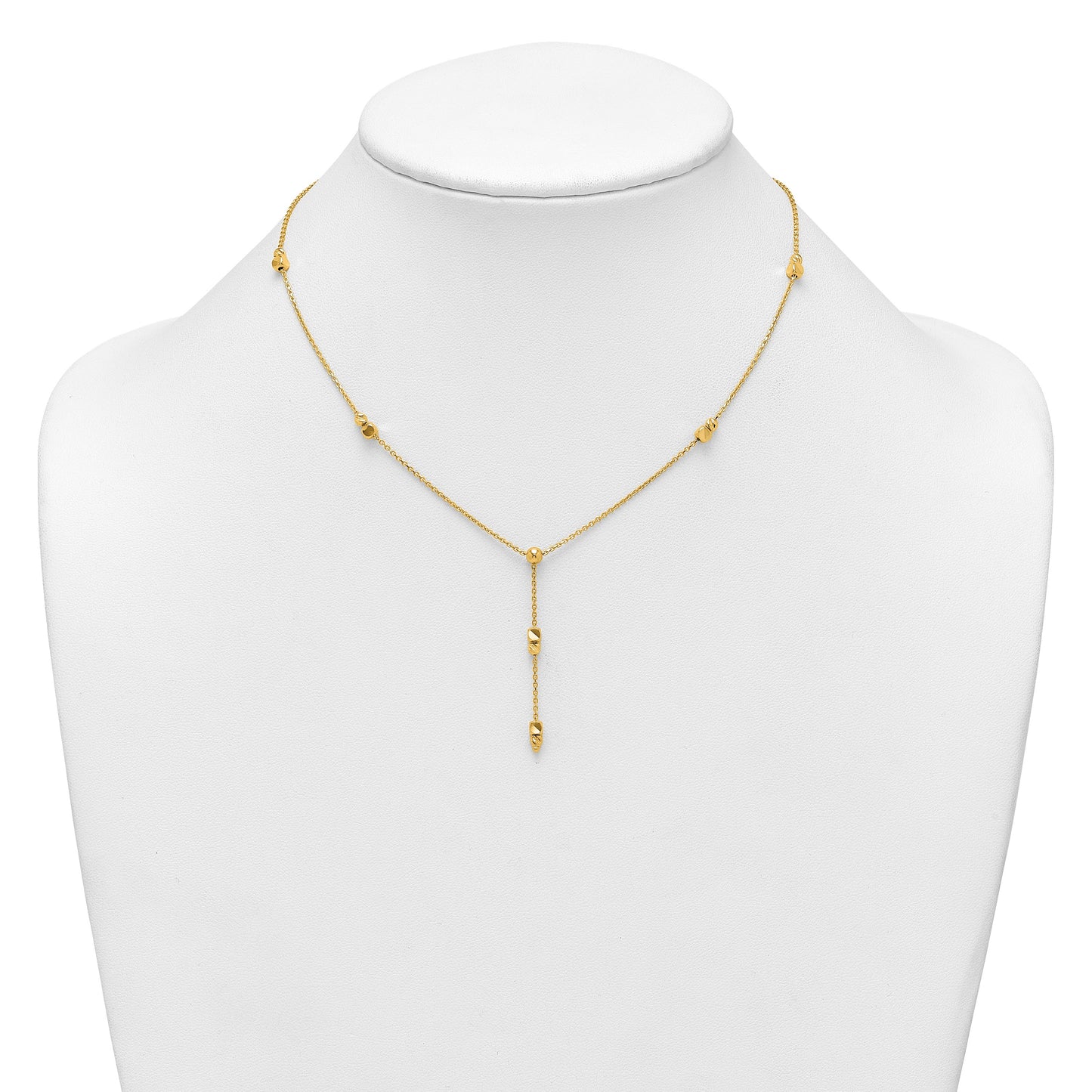 14K Polished Diamond-cut and Beaded 16 Inch Lariat Necklace Plus 2 Inch Extender