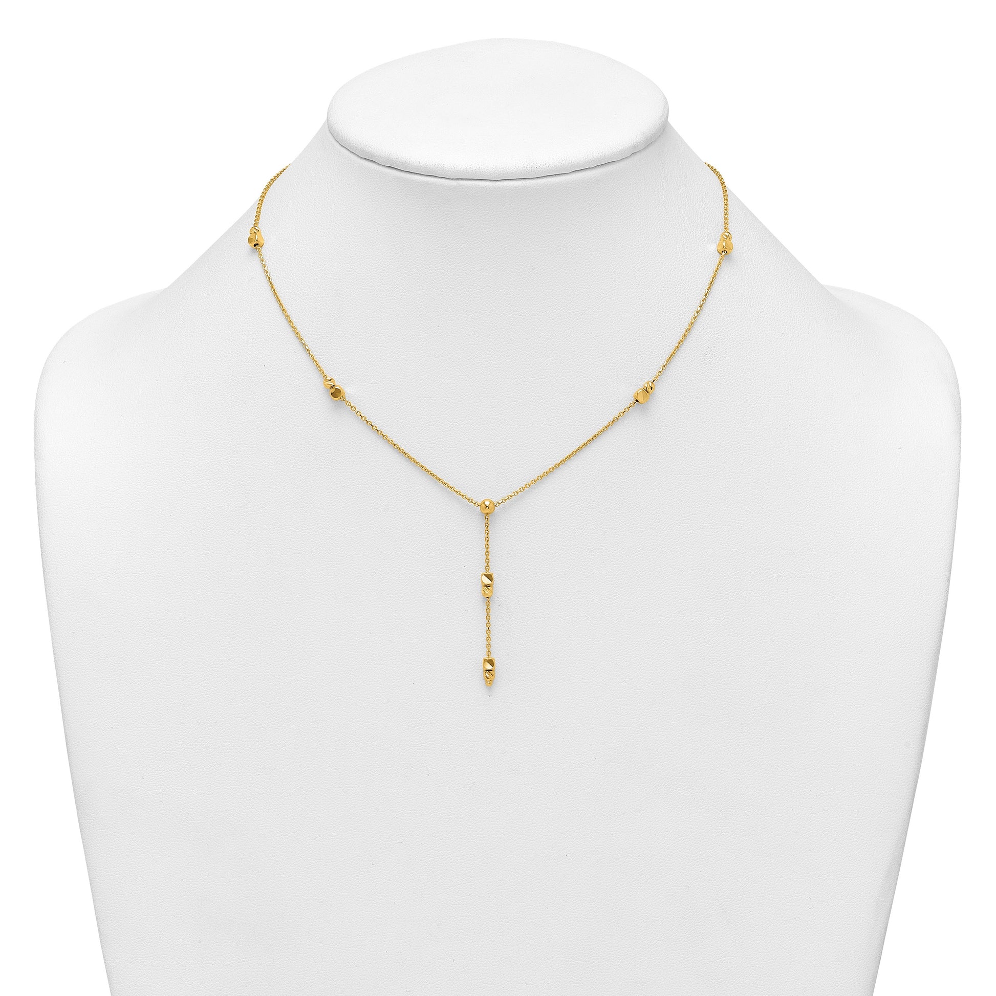 14K Polished Diamond-cut and Beaded 16 Inch Lariat Necklace Plus 2 Inch Extender
