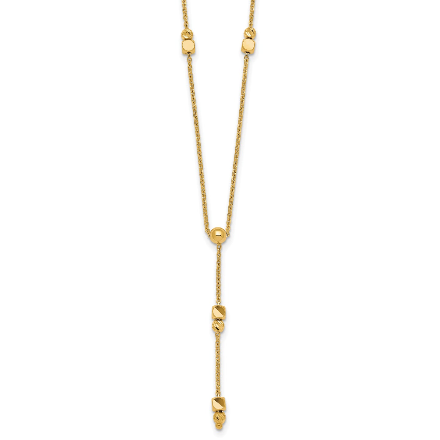 14K Polished Diamond-cut and Beaded 16 Inch Lariat Necklace Plus 2 Inch Extender