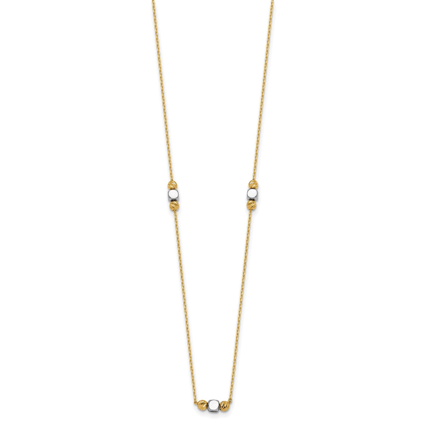 14K Two-Tone Polished Diamond-cut and Square Bead 5-Station 16 inch Necklace Plus 2 inch Extender