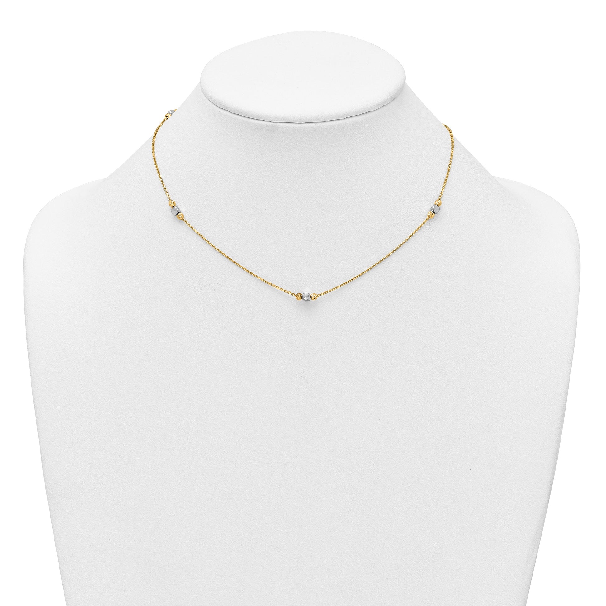 14K Two-Tone Polished Diamond-cut and Square Bead 5-Station 16 inch Necklace Plus 2 inch Extender