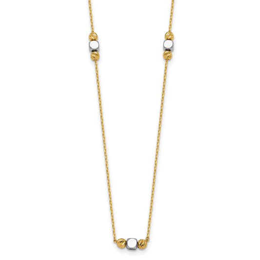 14K Two-Tone Polished Diamond-cut and Square Bead 5-Station 16 inch Necklace Plus 2 inch Extender