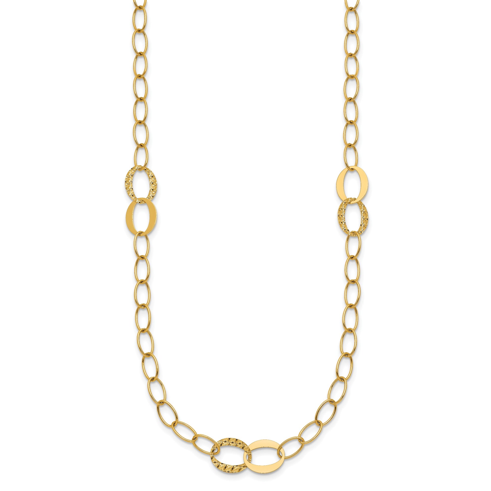 14k Polished and Textured Fancy Oval Link 3-Station 16.75 inch Necklace