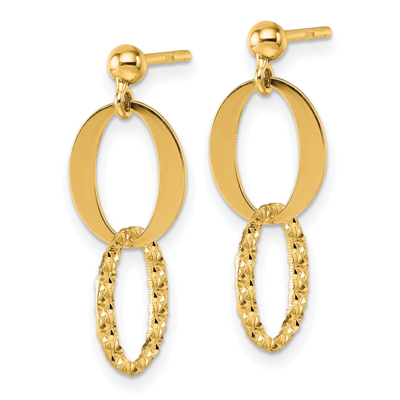 14k Polished and Textured Fancy Oval Link Dangle Post Earrings