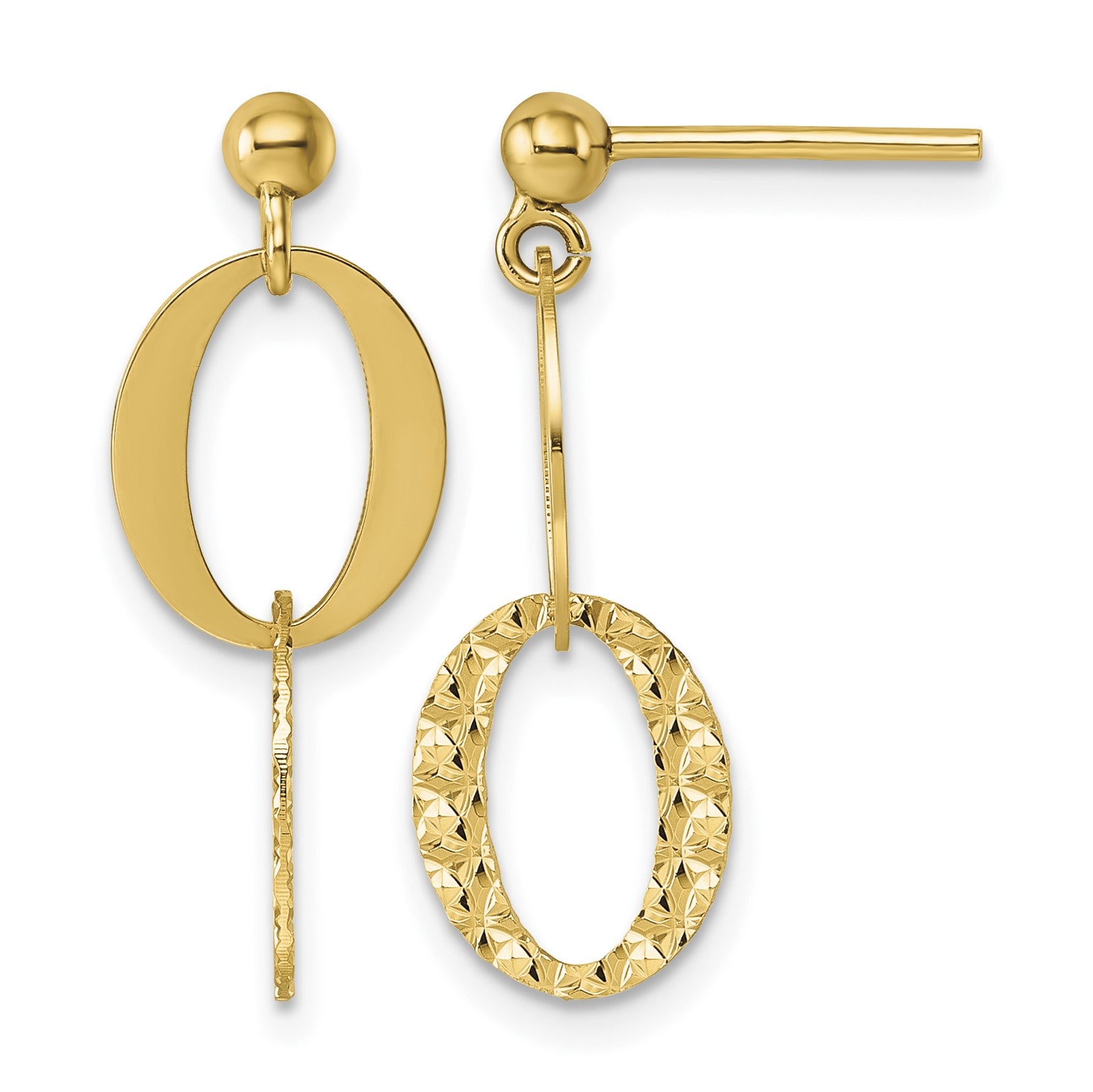 14k Polished and Textured Fancy Oval Link Dangle Post Earrings