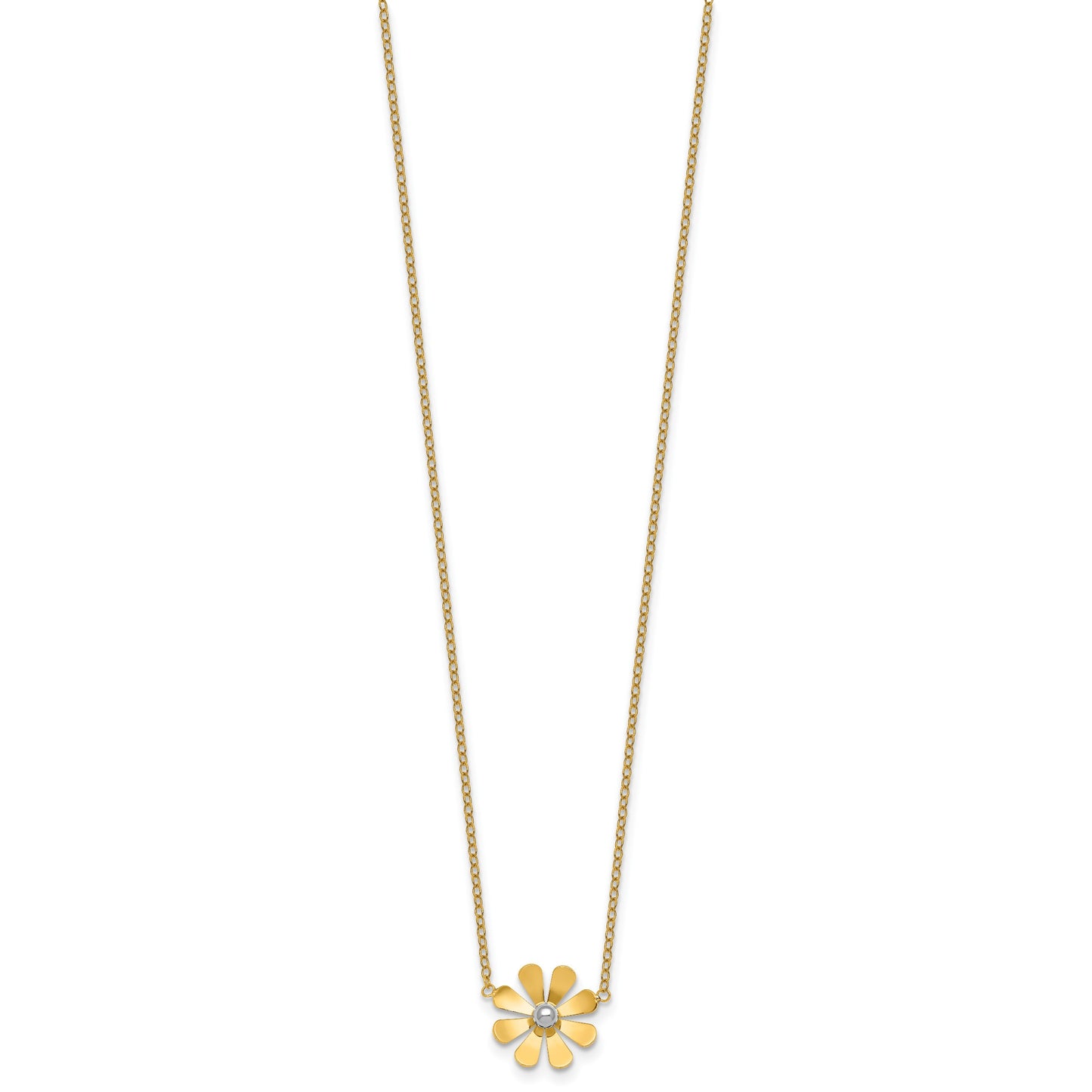 14k Polished Daisy with White Rhodium Center 16 inch Necklace with 2 inch Extender