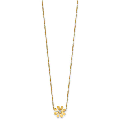 14k Polished Daisy with White Rhodium Center 16 inch Necklace with 2 inch Extender