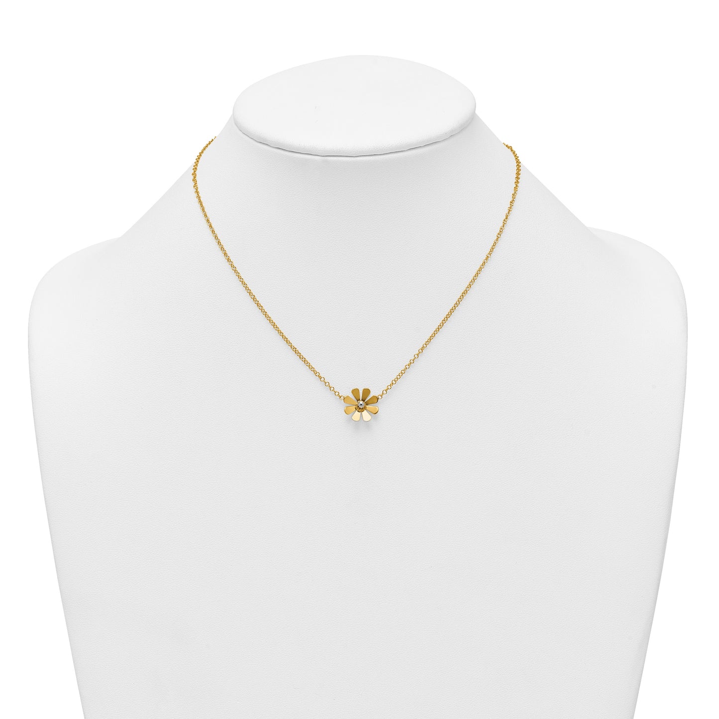 14k Polished Daisy with White Rhodium Center 16 inch Necklace with 2 inch Extender