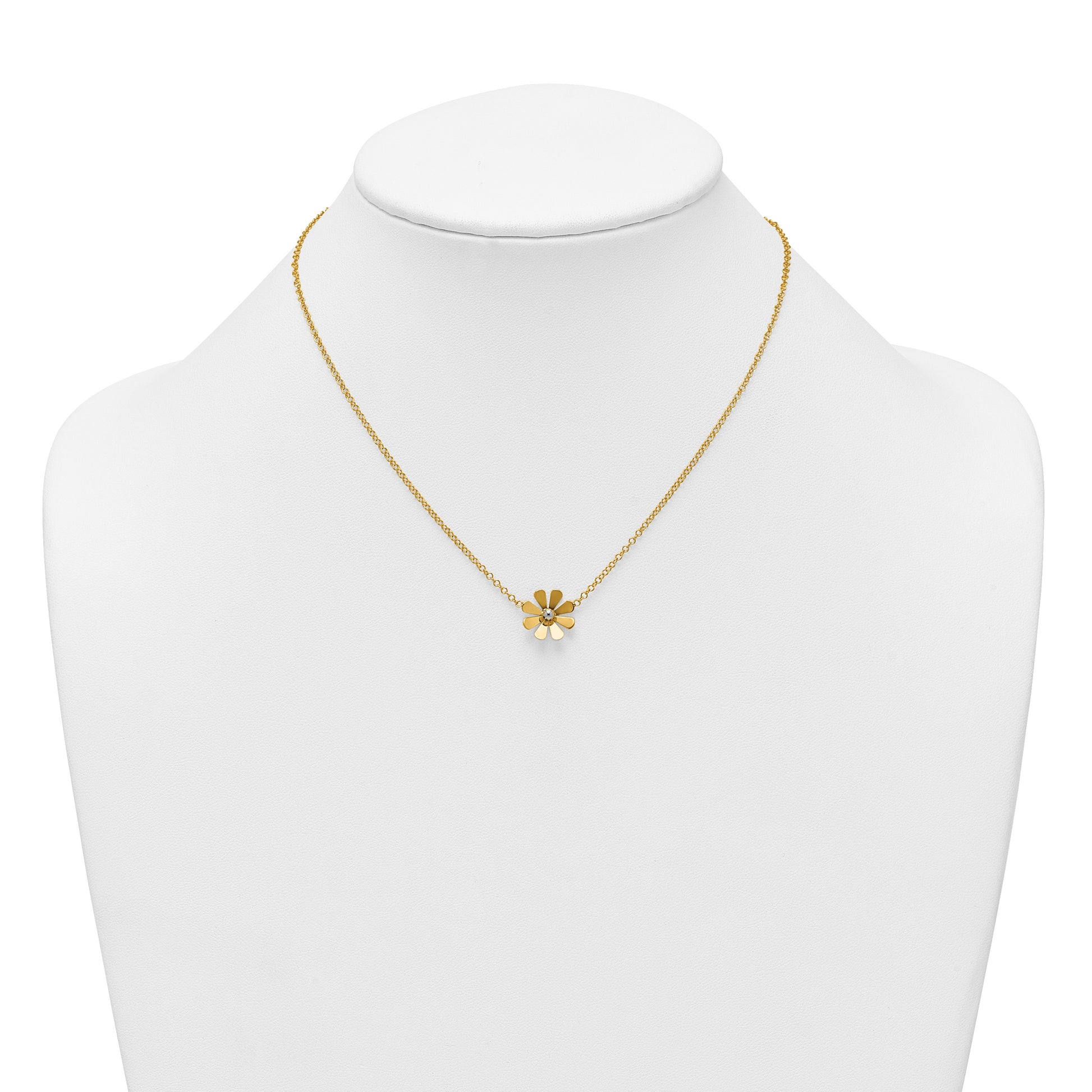14k Polished Daisy with White Rhodium Center 16 inch Necklace with 2 inch Extender