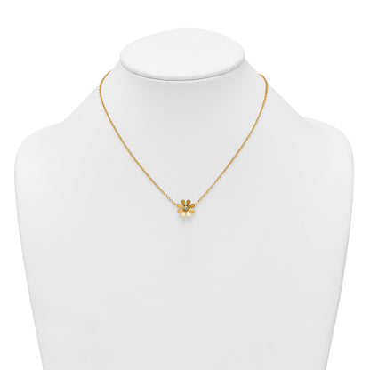 14k Polished Daisy with White Rhodium Center 16 inch Necklace with 2 inch Extender