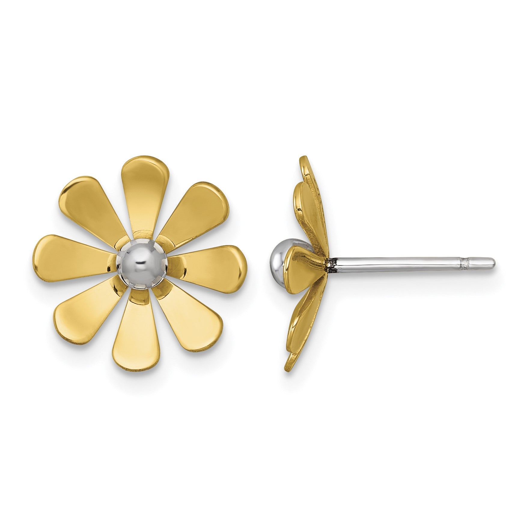 14k Polished Daisy with White Rhodium Center Post Earrings