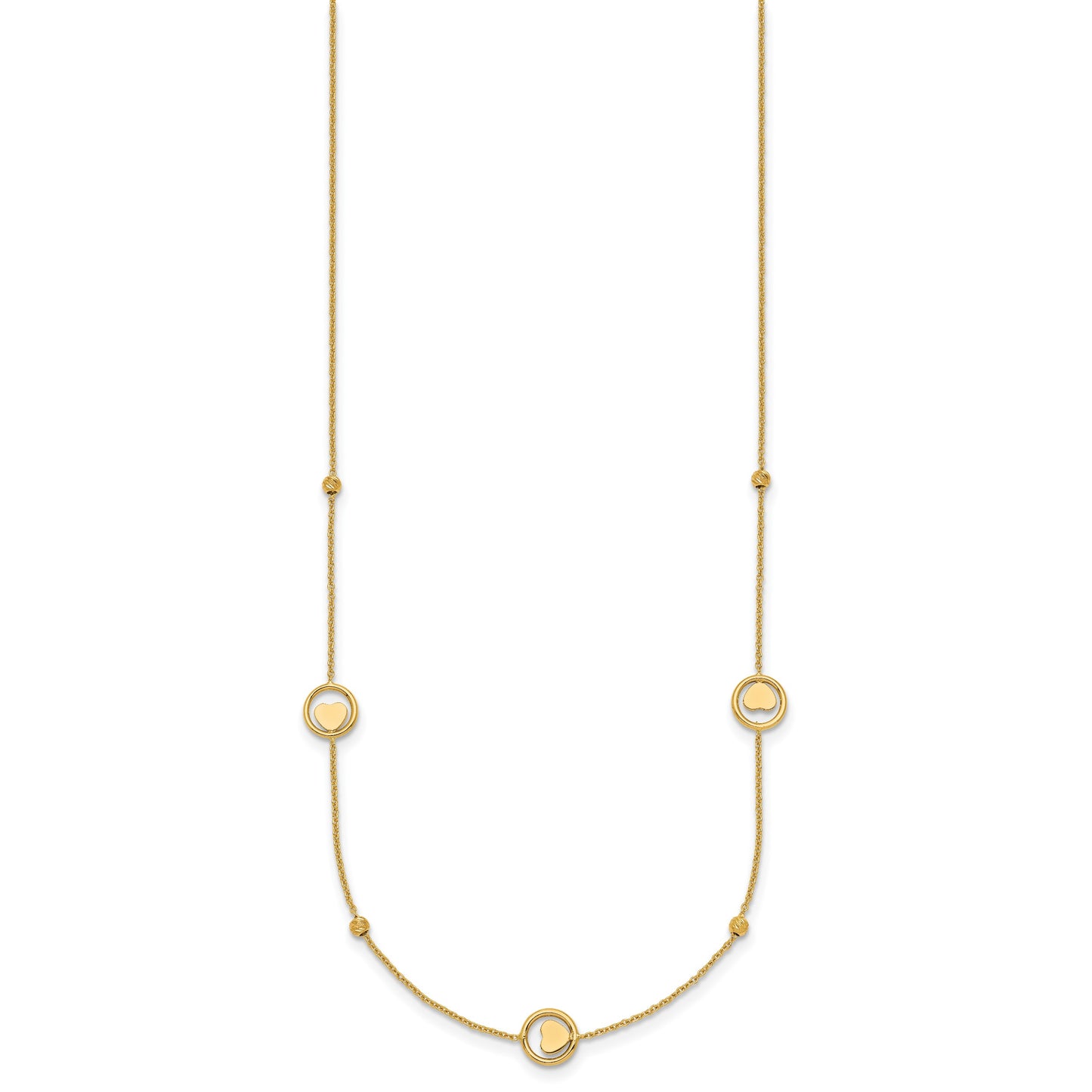 14k Polished Heart in Circle with Diamond-cut Beads 7-Station 16.75 inch Necklace