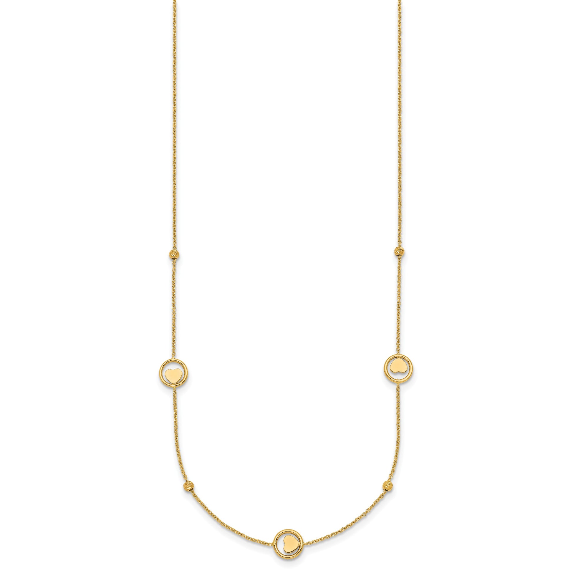 14k Polished Heart in Circle with Diamond-cut Beads 7-Station 16.75 inch Necklace