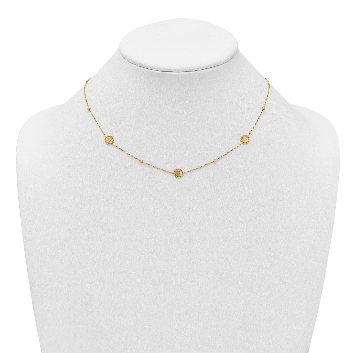 14k Polished Heart in Circle with Diamond-cut Beads 7-Station 16.75 inch Necklace