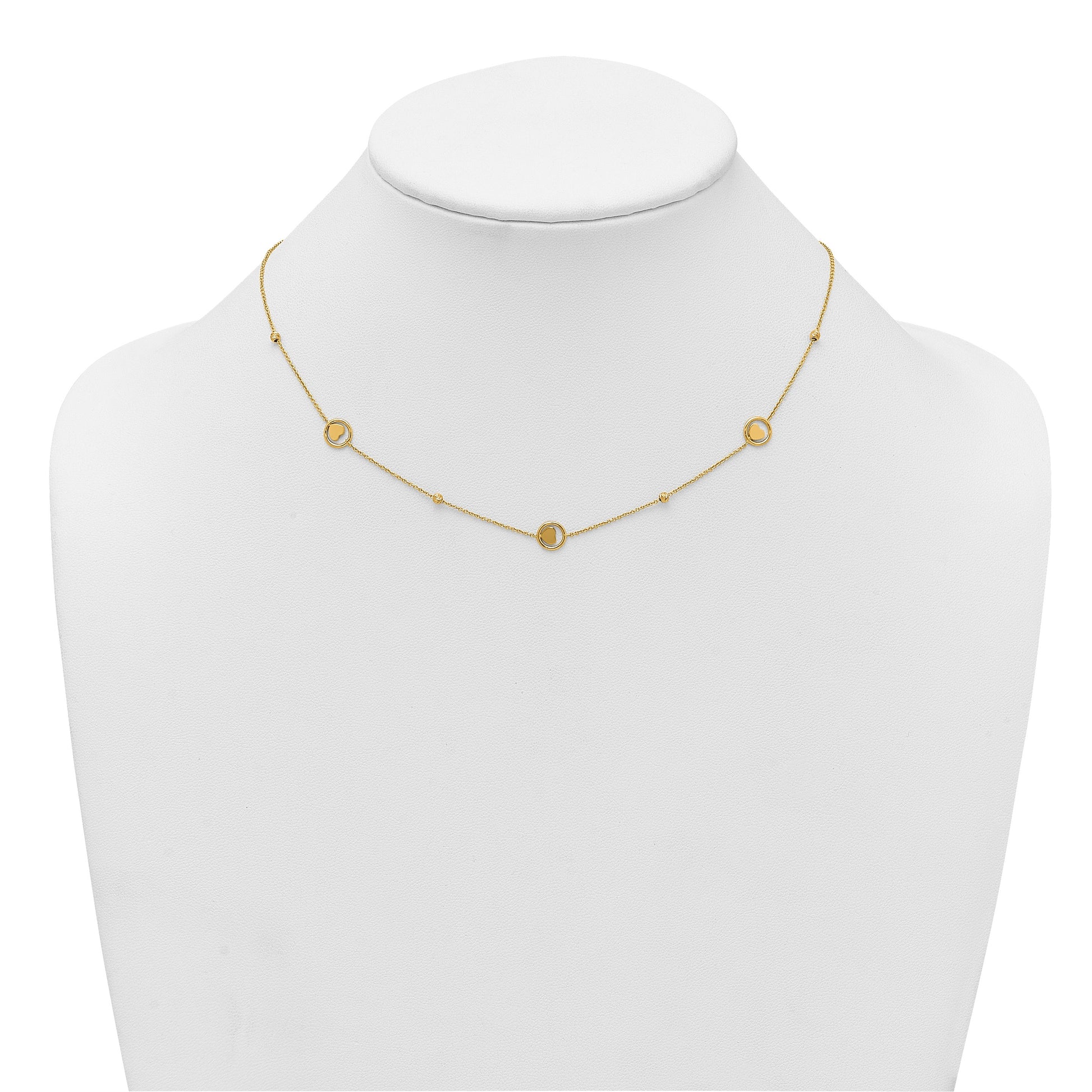 14k Polished Heart in Circle with Diamond-cut Beads 7-Station 16.75 inch Necklace
