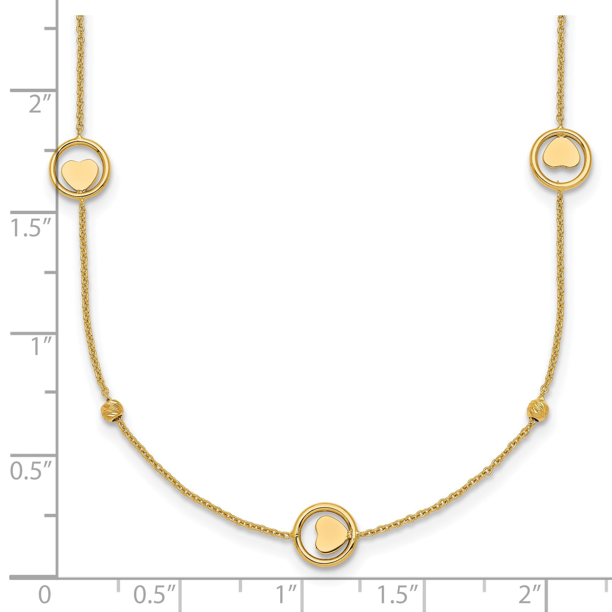 14k Polished Heart in Circle with Diamond-cut Beads 7-Station 16.75 inch Necklace