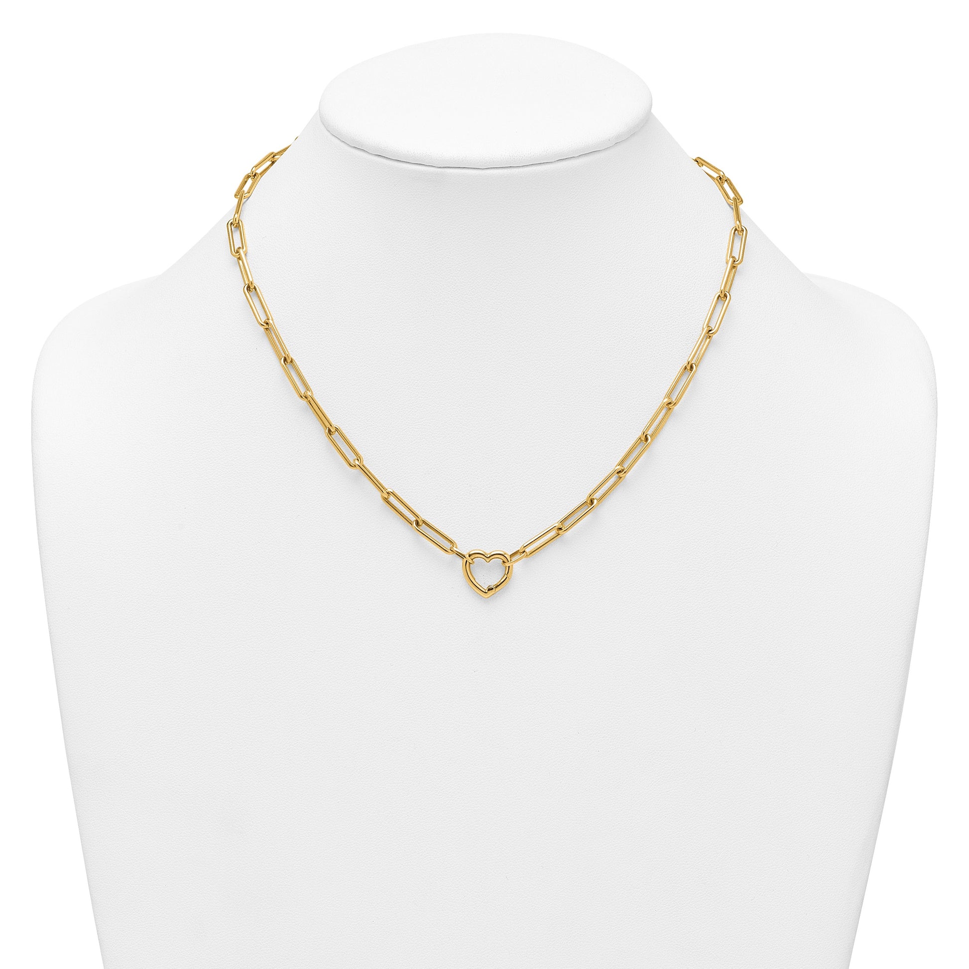 14k Polished Heart Clasp 17.5 inch Paperclip Chain Necklace