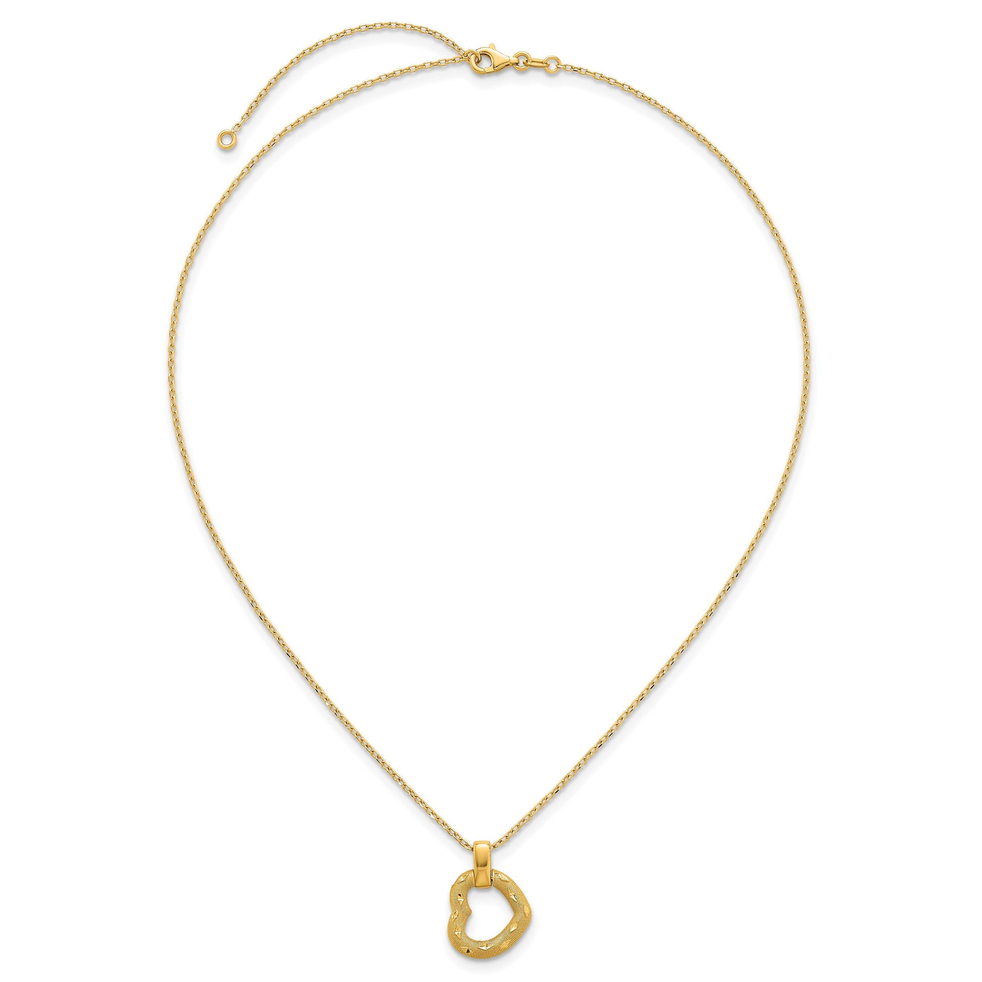 14K Polished Textured and Diamond-cut Fancy Heart Pendant 16 Inch Necklace with 2.25 Inch Extender