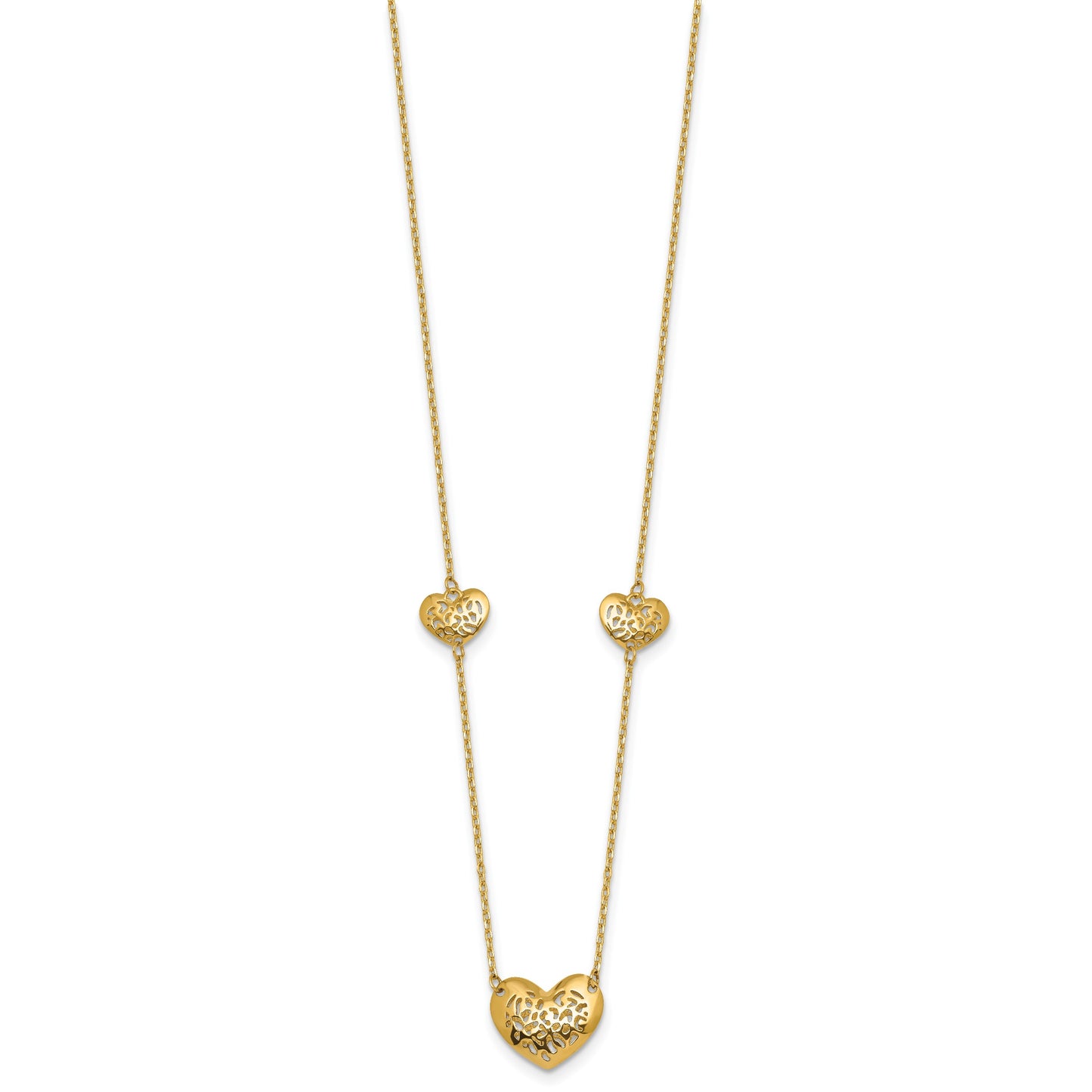 14K Polished Filigree Puffed Heart 3-Station 16 inch Necklace Plus 2 inch Extender