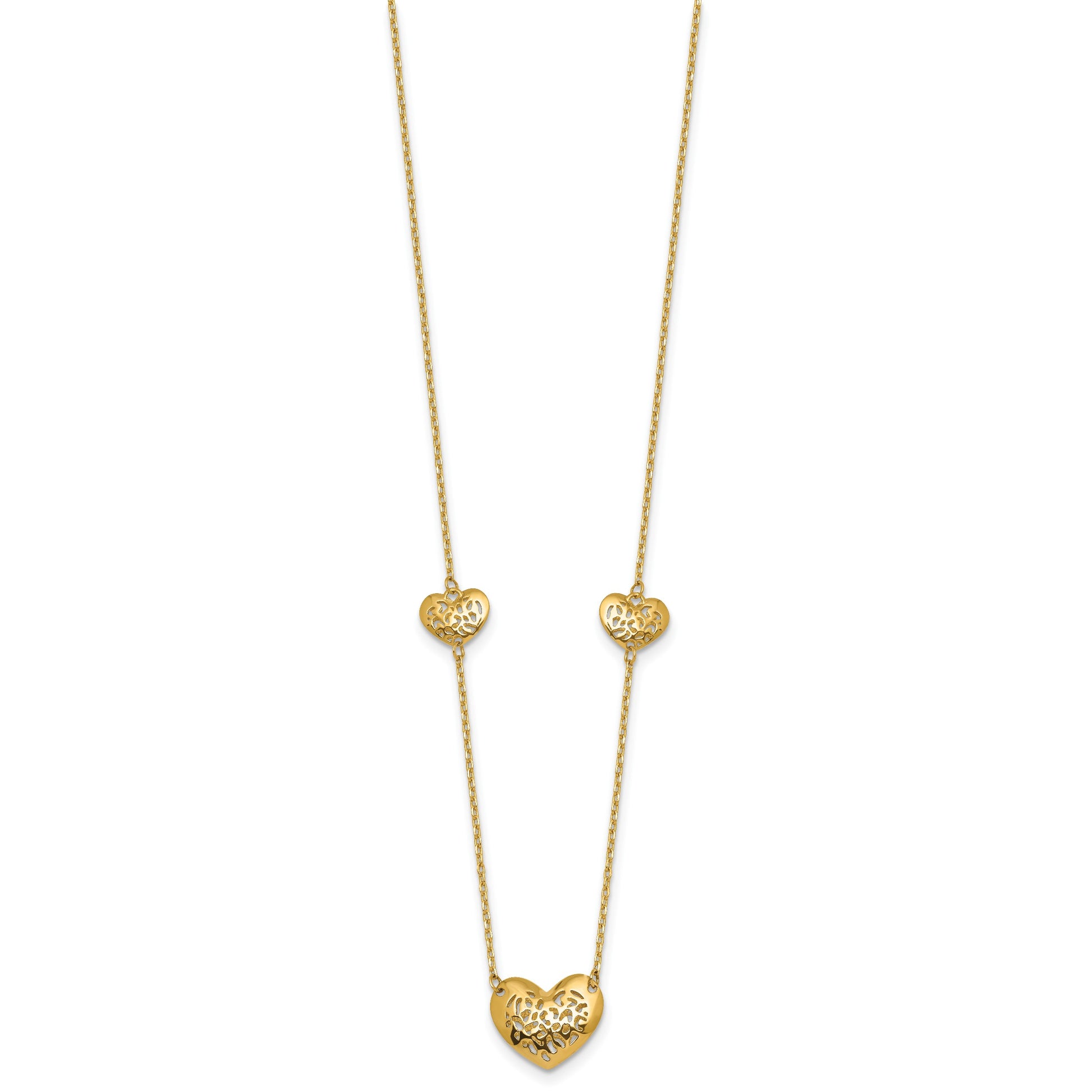 14K Polished Filigree Puffed Heart 3-Station 16 inch Necklace Plus 2 inch Extender