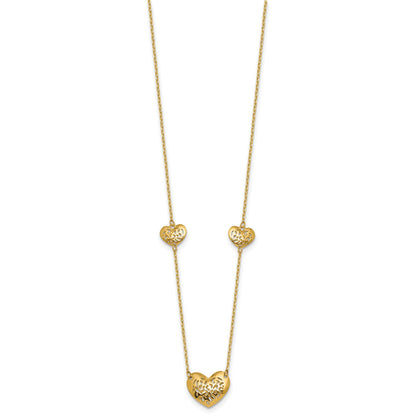14K Polished Filigree Puffed Heart 3-Station 16 inch Necklace Plus 2 inch Extender
