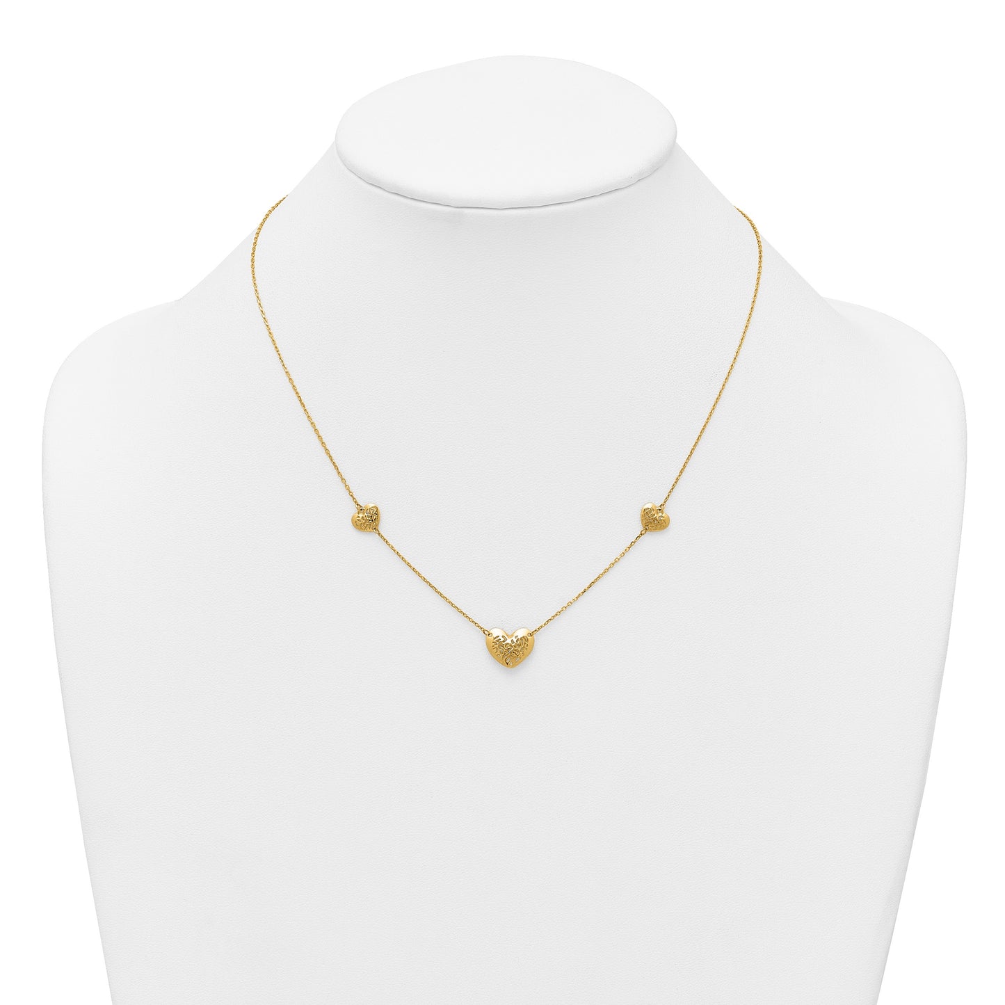 14K Polished Filigree Puffed Heart 3-Station 16 inch Necklace Plus 2 inch Extender