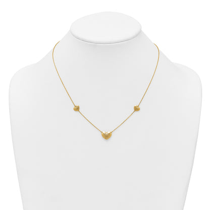 14K Polished Filigree Puffed Heart 3-Station 16 inch Necklace Plus 2 inch Extender