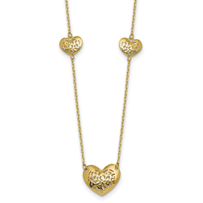 14K Polished Filigree Puffed Heart 3-Station 16 inch Necklace Plus 2 inch Extender