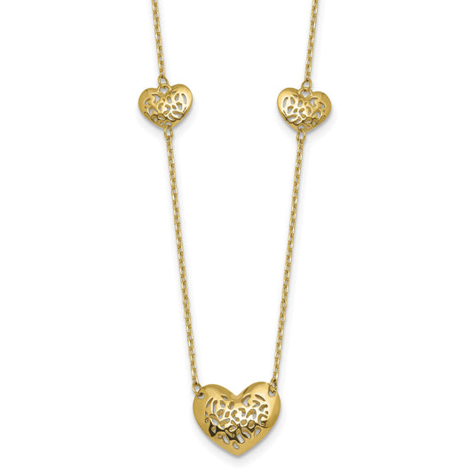 14K Polished Filigree Puffed Heart 3-Station 16 inch Necklace Plus 2 inch Extender
