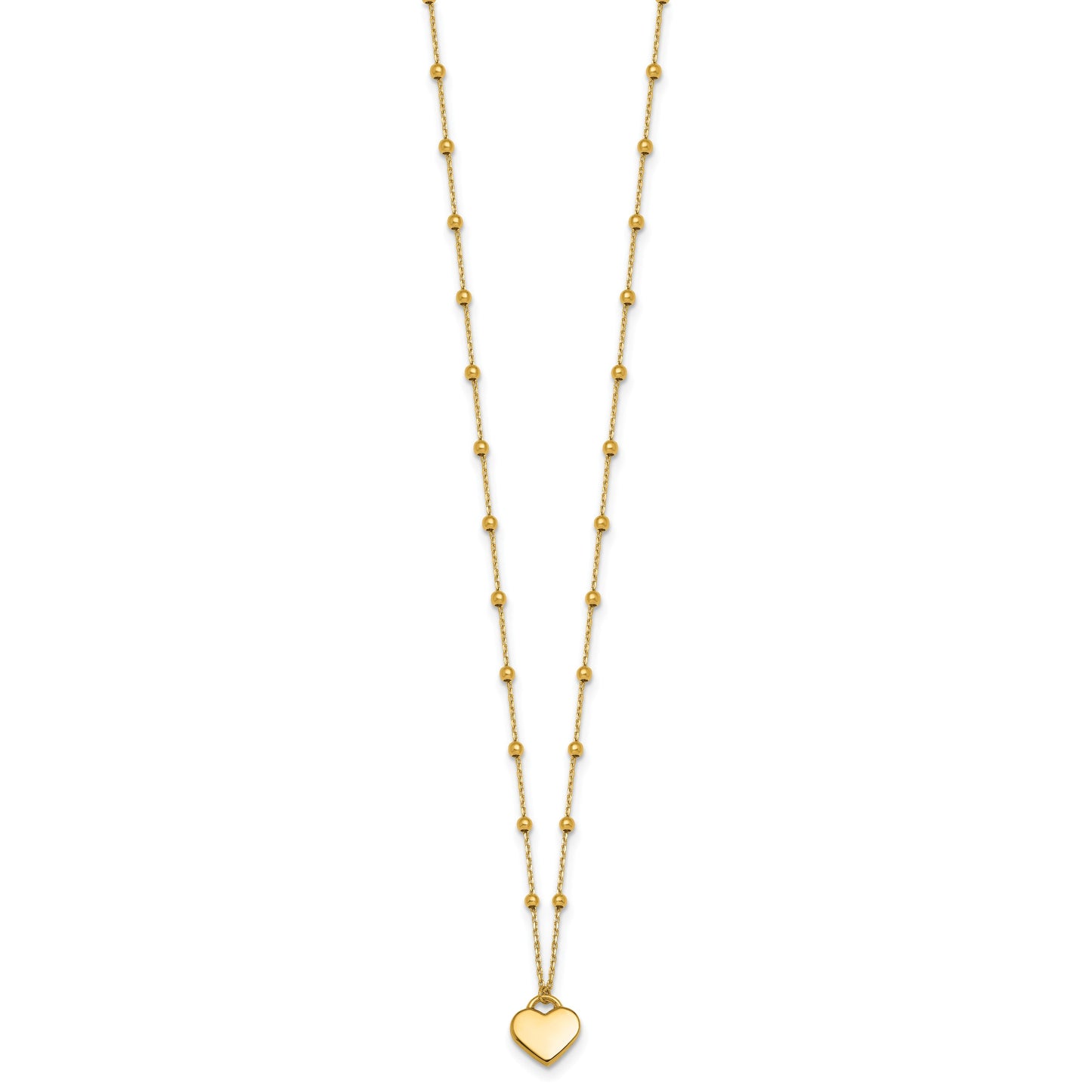 14k Polished Heart Pendant and Beaded Chain 16 inch Necklace Plus 2 inch Extender