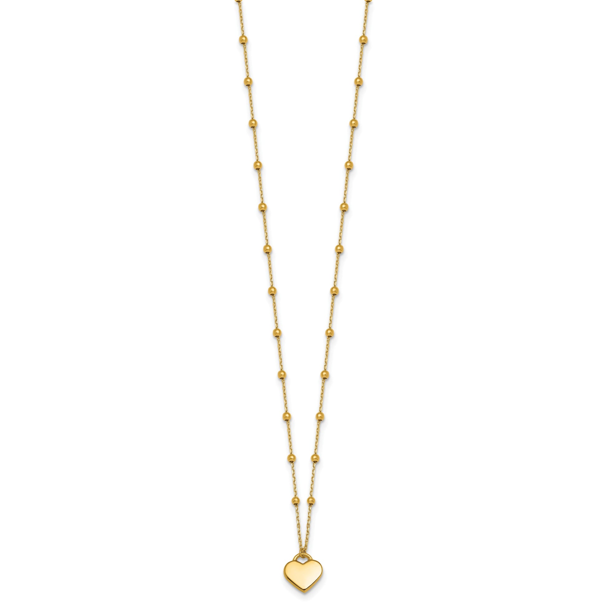 14k Polished Heart Pendant and Beaded Chain 16 inch Necklace Plus 2 inch Extender