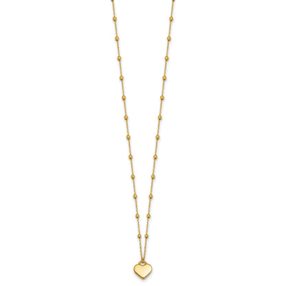 14k Polished Heart Pendant and Beaded Chain 16 inch Necklace Plus 2 inch Extender