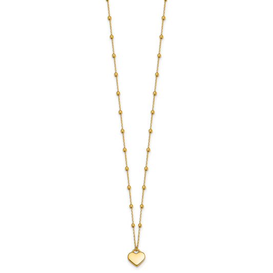 14k Polished Heart Pendant and Beaded Chain 16 inch Necklace Plus 2 inch Extender