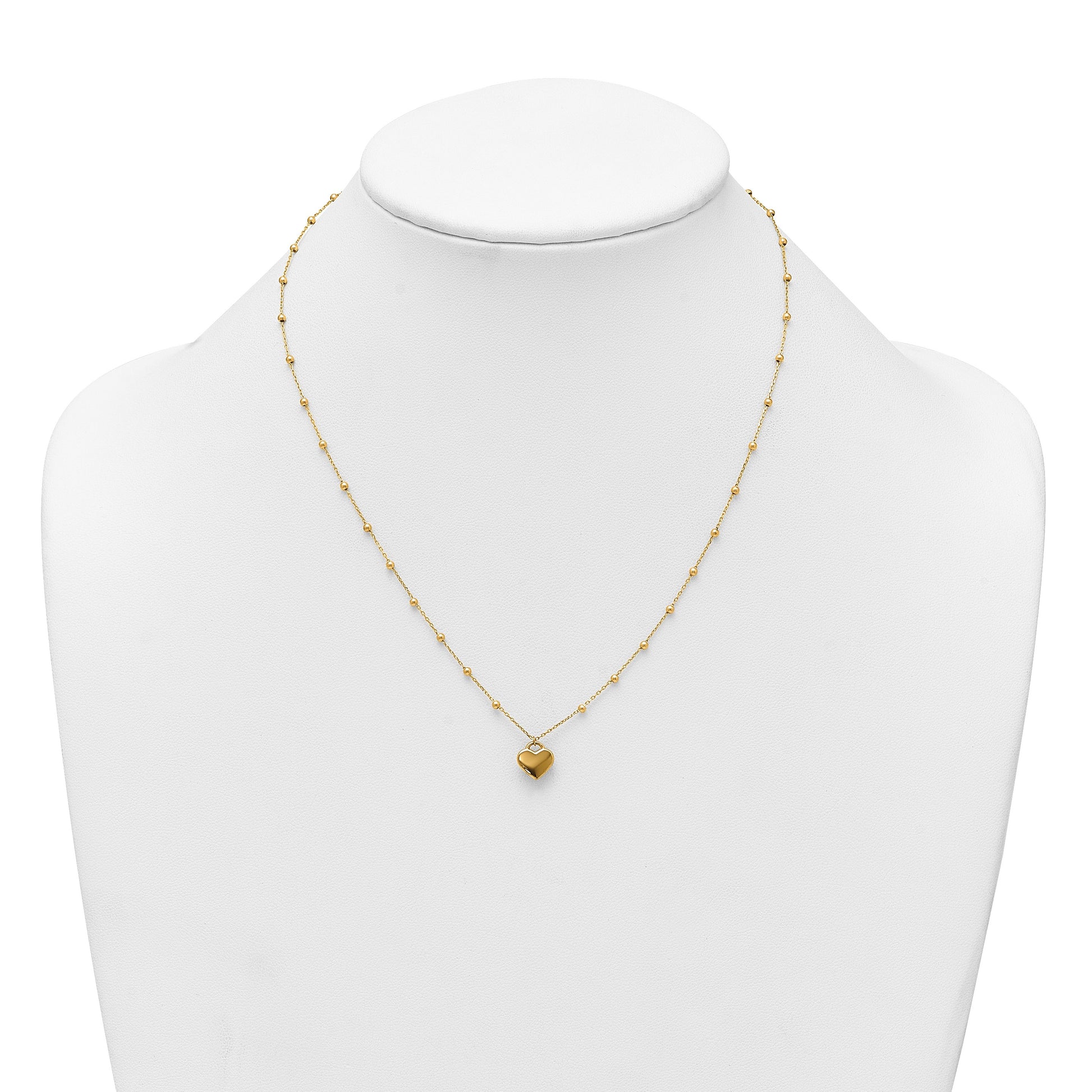 14k Polished Heart Pendant and Beaded Chain 16 inch Necklace Plus 2 inch Extender