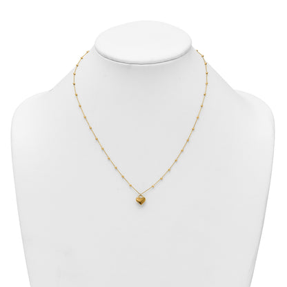 14k Polished Heart Pendant and Beaded Chain 16 inch Necklace Plus 2 inch Extender