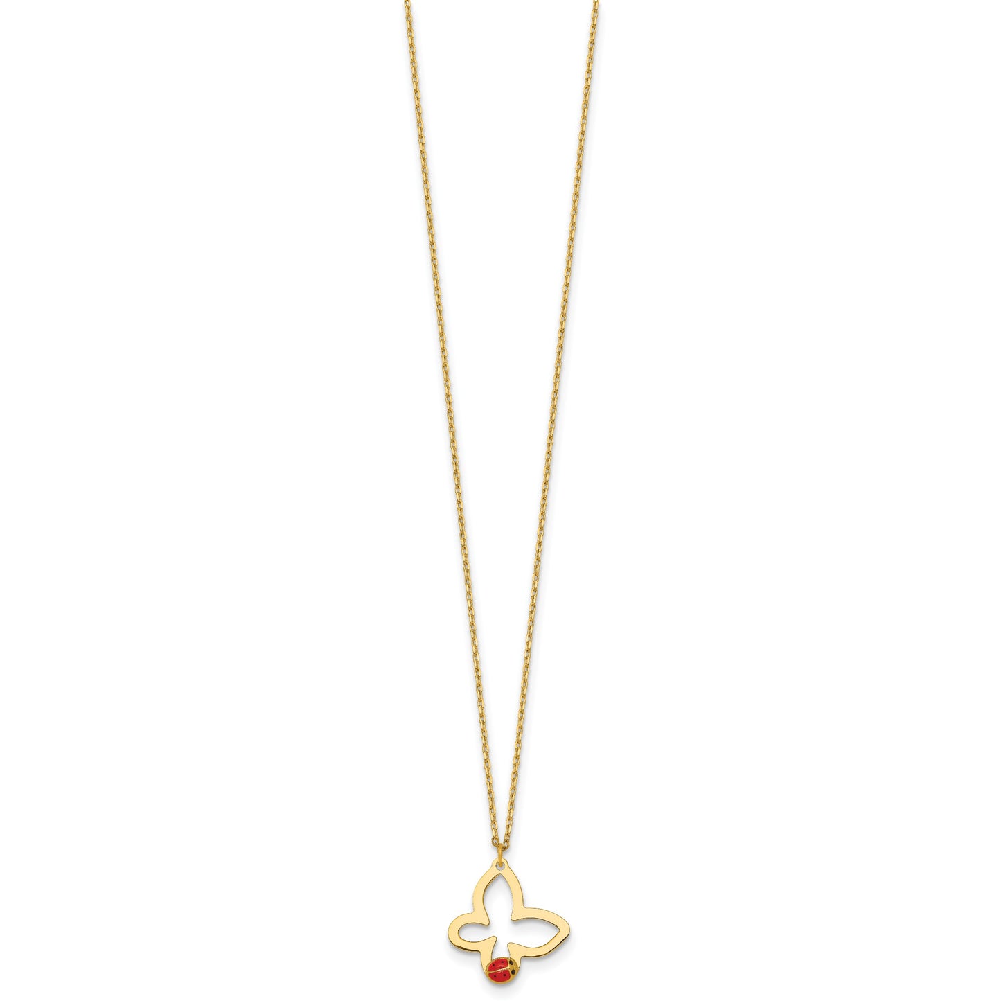 14k Polished Butterfly with Red and Black Enamel Ladybug 15.5 inch Childrens Necklace Plus 0.75 inch Extender