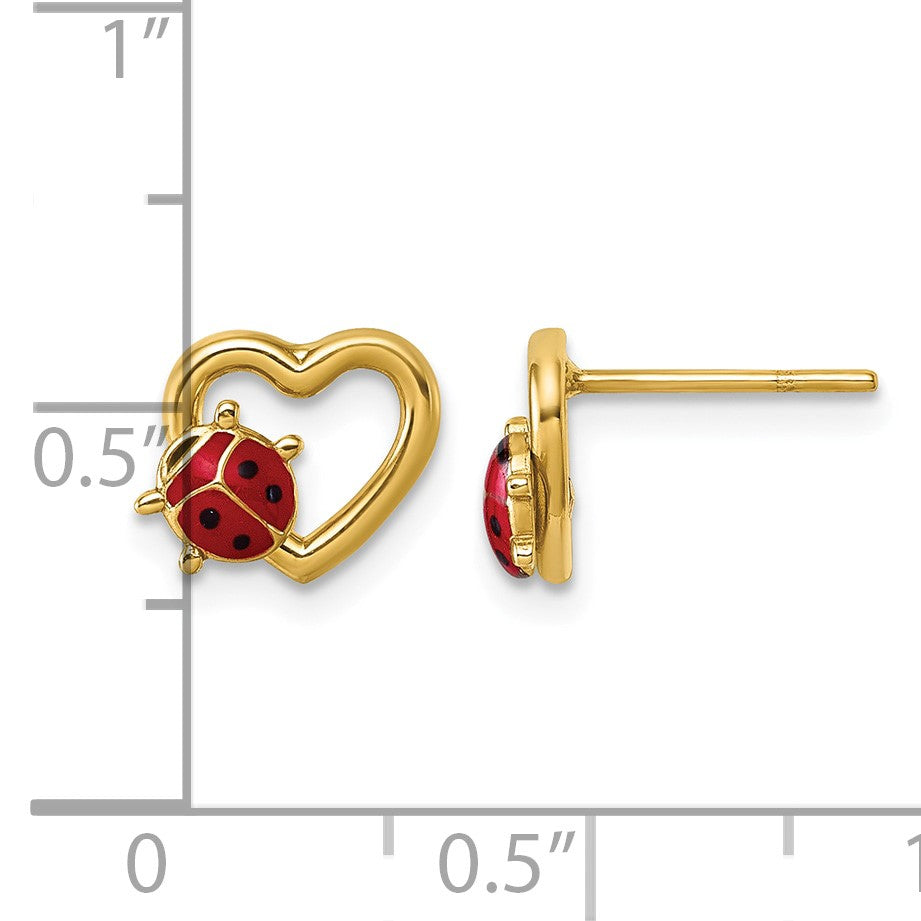 14K Polished Red and Black Enameled Ladybug on Heart Post Earrings
